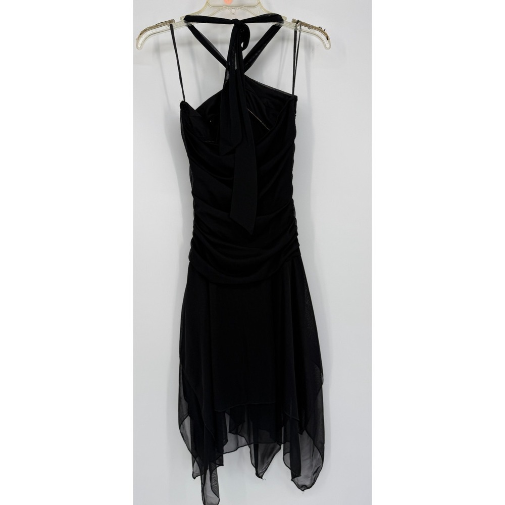 Y2K Halter Dress M Black Ruched Goth Glam Clubwear Asymmetrical Mesh Hem Evening - Picture 5 of 13